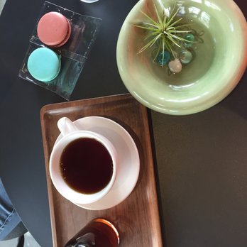 Reborn Coffee - Hot Ethiopia coffee with red velvet and whites chocolate macaroon - Coffee & Tea Near Me - Brea, California Reborn Coffee - Hot Ethiopia coffee with red velvet and whites chocolate macaroon - Coffee & Tea Near Me - Brea, California