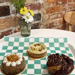 Pistachio Tart, Chocolate Hazelnut Bourbon Babka, Lemon Poppyseed pastry