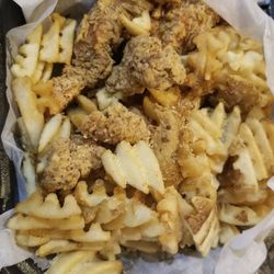 Rockin Waffle Cafe - The Pips...Fried chicken tenders served.with Parmesan waffle fries..choice of syrup