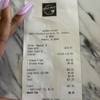 Brunch House - Receipt "party of 6" 20% gratuity - Breakfast & Brunch Near Me - Phoenix, Arizona