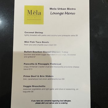 Mela Urban Bistro - The bar menu. - American Near Me - Springfield, Ohio Mela Urban Bistro - The bar menu. - American Near Me - Springfield, Ohio