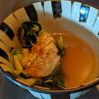 SingleThread Restaurant & Inn - Owan of Summer Squash: aka amadai, grilled onion dashi, and squash blossom (in the background - tempura) - New American Near Me - Healdsburg, California