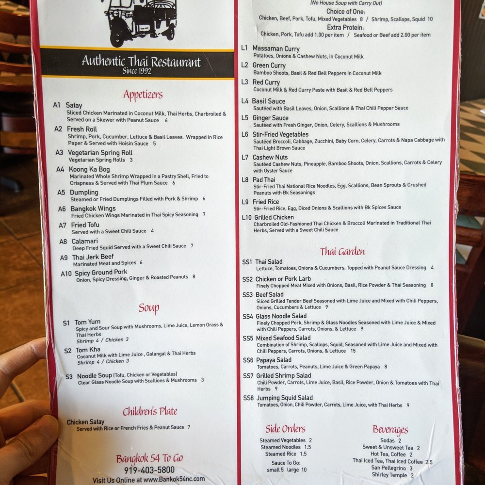 Bangkok 54 - Menu (1 of 2). Appetizers, soup, children's plate, lunch menu, "Thai Garden," sides, beverages. - Thai Near Me - Chapel Hill, North Carolina