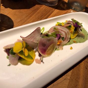 Seasons Restaurant - Halibut appetizer with edible flowers - New American Near Me - Carlsbad, California Seasons Restaurant - Halibut appetizer with edible flowers - New American Near Me - Carlsbad, California