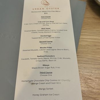 The Urban Oyster - Restaurant week menu - Seafood Near Me - Baltimore, Maryland