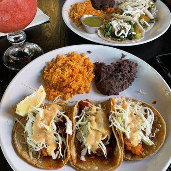 El Mero Mero - Three shrimp tacos with rice and beans, and three potato and poblano pepper tacos with rice and beans. - Mexican Near Me - Schaumburg, Illinois El Mero Mero - Three shrimp tacos with rice and beans, and three potato and poblano pepper tacos with rice and beans. - Mexican Near Me - Schaumburg, Illinois
