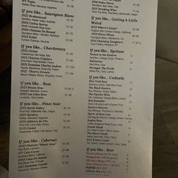 Drinks - A printed menu featuring wine, cocktail, and beer selections, organized by categories with names, descriptions, and prices.