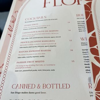 Flora - Cocktails menu - Dec 2024 - Breakfast & Brunch Near Me - San Diego, California