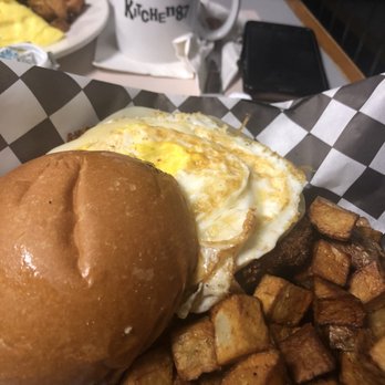 Kitchen87 - What came first? Huge fried chicken cutlet with 2 fried eggs, and cheese on a brioche bun - American Near Me - Mount Holly, New Jersey