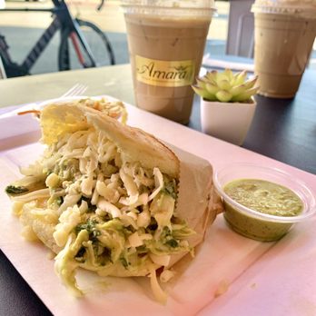 Amara Chocolate & Coffee - La Reina Arepa with avocado sauce, coleslaw salad, and iced coffee. - Coffee & Tea Near Me - Pasadena, California