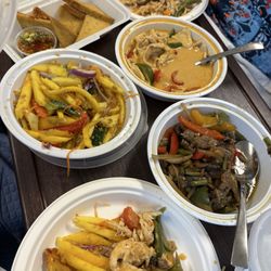 Champa Thai Food - Chicken panang, spicy beef Thai basil, mango salad and deep fried tofu