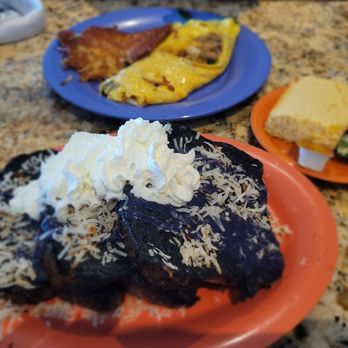Kountry Kitchen - Ube French toast with Polynesian omelette and cornbread - American Near Me - Kapaa, Hawaii Kountry Kitchen - Ube French toast with Polynesian omelette and cornbread - American Near Me - Kapaa, Hawaii