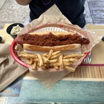 Long Doggers-Cocoa Beach - Chili dog with fries and a side of coleslaw - American Near Me - Cocoa Beach, Florida Long Doggers-Cocoa Beach - Chili dog with fries and a side of coleslaw - American Near Me - Cocoa Beach, Florida