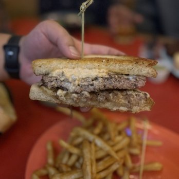 Joshua Tree Saloon - saloon patty melt: 1/2 lb angus steak patty topped with melted swiss, grilled onions, russian dressing on sourdough = $16.99 - Dive Bars Near Me - Joshua Tree, California