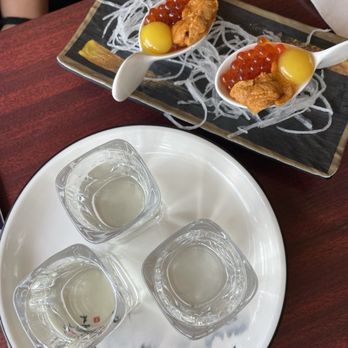Crystal Fish - Sake sampler and Uni shooters - Japanese Near Me - Monterey, California