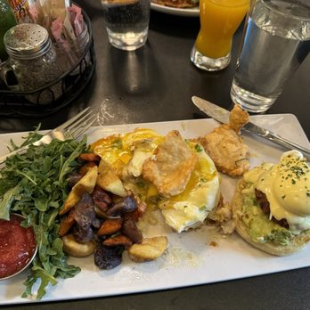 Jam! - Eggs Ben - one chicken & biscuit, one crab and guac, arugula and potatoes. - Breakfast & Brunch Near Me - Bozeman, Montana