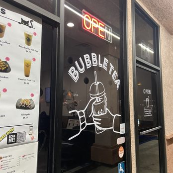 Neko Cafe - outside with their popular items menu and more cute stickers - Bubble Tea Near Me - Riverside, California
