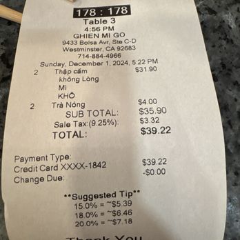 Ghien Mi Go - Receipt - Noodles Near Me - Westminster, California Ghien Mi Go - Receipt - Noodles Near Me - Westminster, California