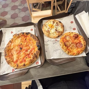 Trieste - Left to right: Margherita, carbonara, and pepperoni - Pizza Near Me - Rome, RM Trieste - Left to right: Margherita, carbonara, and pepperoni - Pizza Near Me - Rome, RM