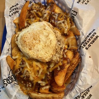 Fuddruckers - Chili Cheese Fries with a Fried Egg - Burgers Near Me - Sevierville, Tennessee