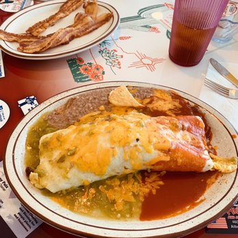 Loyola's Family Restaurant - Breakfast burrito with red and green sauce... and side of bacon. - Mexican Near Me - Albuquerque, New Mexico Loyola's Family Restaurant - Breakfast burrito with red and green sauce... and side of bacon. - Mexican Near Me - Albuquerque, New Mexico