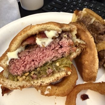 5 Star Burgers - Green chile cheeseburger with added bacon and onion strings. Yum! - American Near Me - Albuquerque, New Mexico 5 Star Burgers - Green chile cheeseburger with added bacon and onion strings. Yum! - American Near Me - Albuquerque, New Mexico