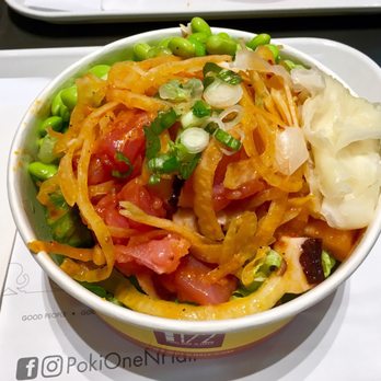Poki One N Half - Poki One N Half's bowl of rice, salad, salmon, tuna, and octopus. Toppings include edamame, onions, green onion, and ginger! - Poke Near Me - San Diego, California