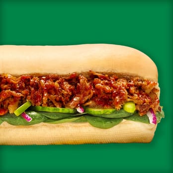 Subway - a pulled pork sandwich with pickles and onions - Fast Food Near Me - Haileybury, Ontario Subway - a pulled pork sandwich with pickles and onions - Fast Food Near Me - Haileybury, Ontario