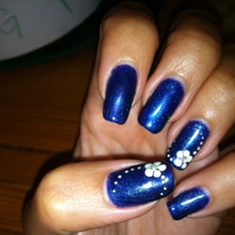 Gelish Polish on Natural Nails Metallic Navy Blue White Flower Detail with Crystal Embellishment