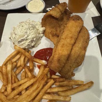 Village Deli Sub & Pub - The Catfish Platter w/ two fillets and the Loaded Potato Salad with Beer Battered Fries - American Near Me - Augusta, Georgia Village Deli Sub & Pub - The Catfish Platter w/ two fillets and the Loaded Potato Salad with Beer Battered Fries - American Near Me - Augusta, Georgia
