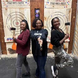 Bury The Hatchet - Freehold - Group photo in axe throwing pit.