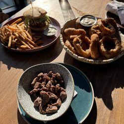 Selia Bar - Chicken parm sandwich with fries, onion rings and steak bites