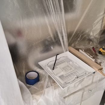 Wire Tech Electric - Plastic sheeting covering the vanity. No contractor tools, etc., placed directly on the vanity. - Electricians Near Me Wire Tech Electric - Plastic sheeting covering the vanity. No contractor tools, etc., placed directly on the vanity. - Electricians Near Me
