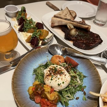 Ocotillo - Roasted Beets (back left), Prime Rib with Bone Marrow (back right), and Grilled Peach Burrata (front) - New American Near Me - Phoenix, Arizona