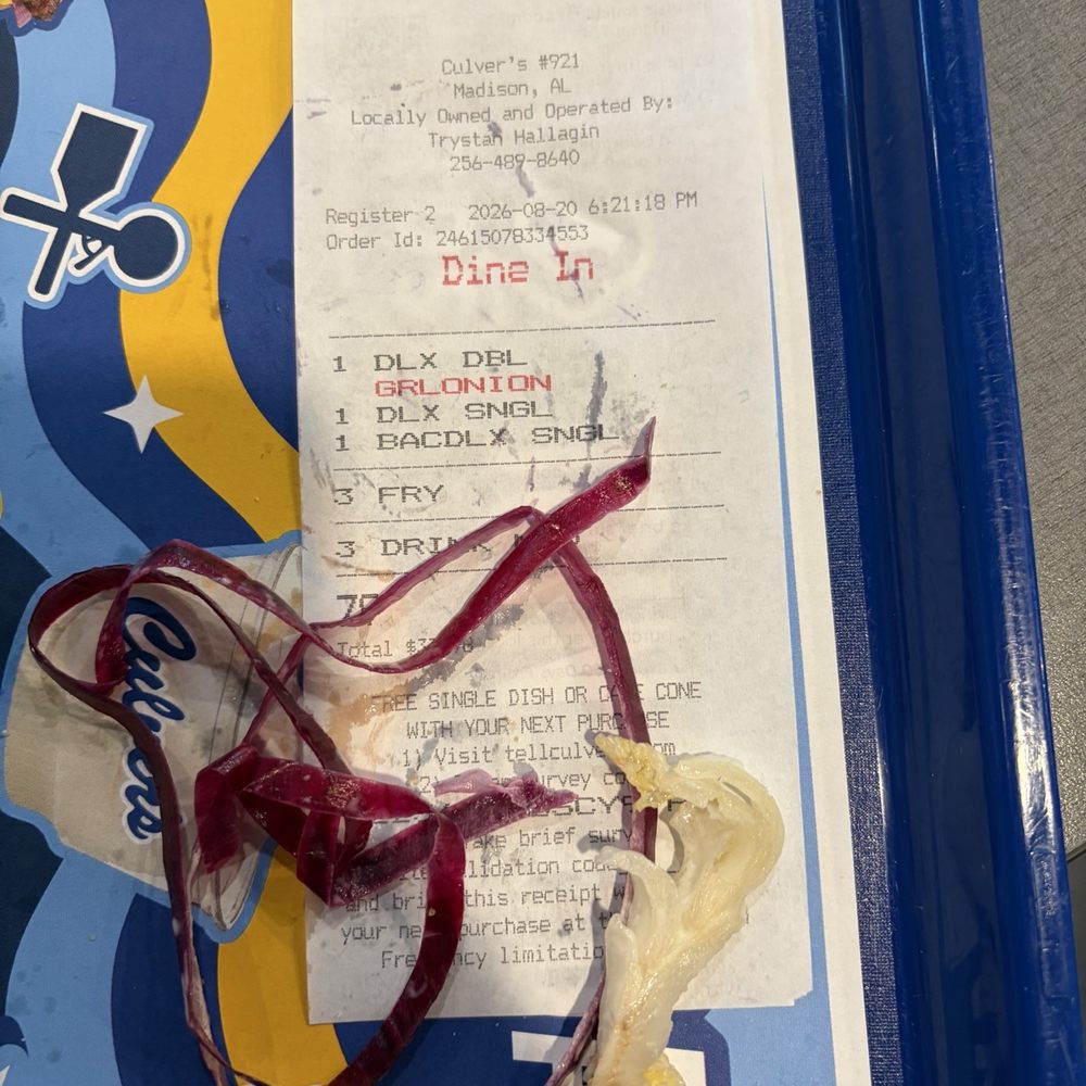 Culver's - Onion skins and lettuce core served on my burger - Ice Cream & Frozen Yogurt Near Me - Madison, Alabama Culver's - Onion skins and lettuce core served on my burger - Ice Cream & Frozen Yogurt Near Me - Madison, Alabama