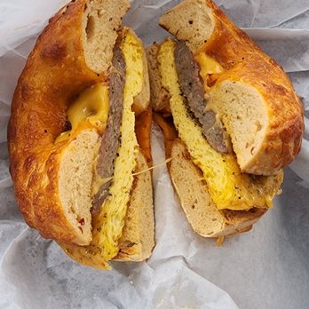 Leroy's Bagels - Egg, sausage and cheese on a jalapeño cheddar bagel - Bagels Near Me - Denver, Colorado Leroy's Bagels - Egg, sausage and cheese on a jalapeño cheddar bagel - Bagels Near Me - Denver, Colorado