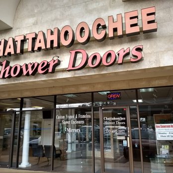 Chattahoochee Shower Doors - Look for this sign! Notice the showroom hours posted on the window. - Kitchen & Bath Near Me - Johns Creek, Georgia Chattahoochee Shower Doors - Look for this sign! Notice the showroom hours posted on the window. - Kitchen & Bath Near Me - Johns Creek, Georgia