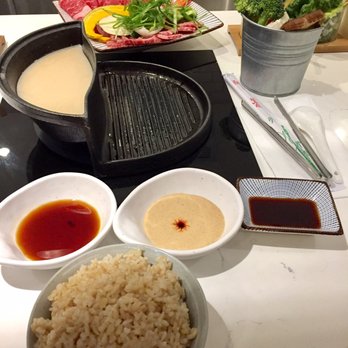 Halves Boiling Pot + Grill - Halves Grill/Pot Combined, Brown Rice, Dipping Sauces, Meats, Veggies & Noodles - Japanese Near Me - Foothill Ranch, California