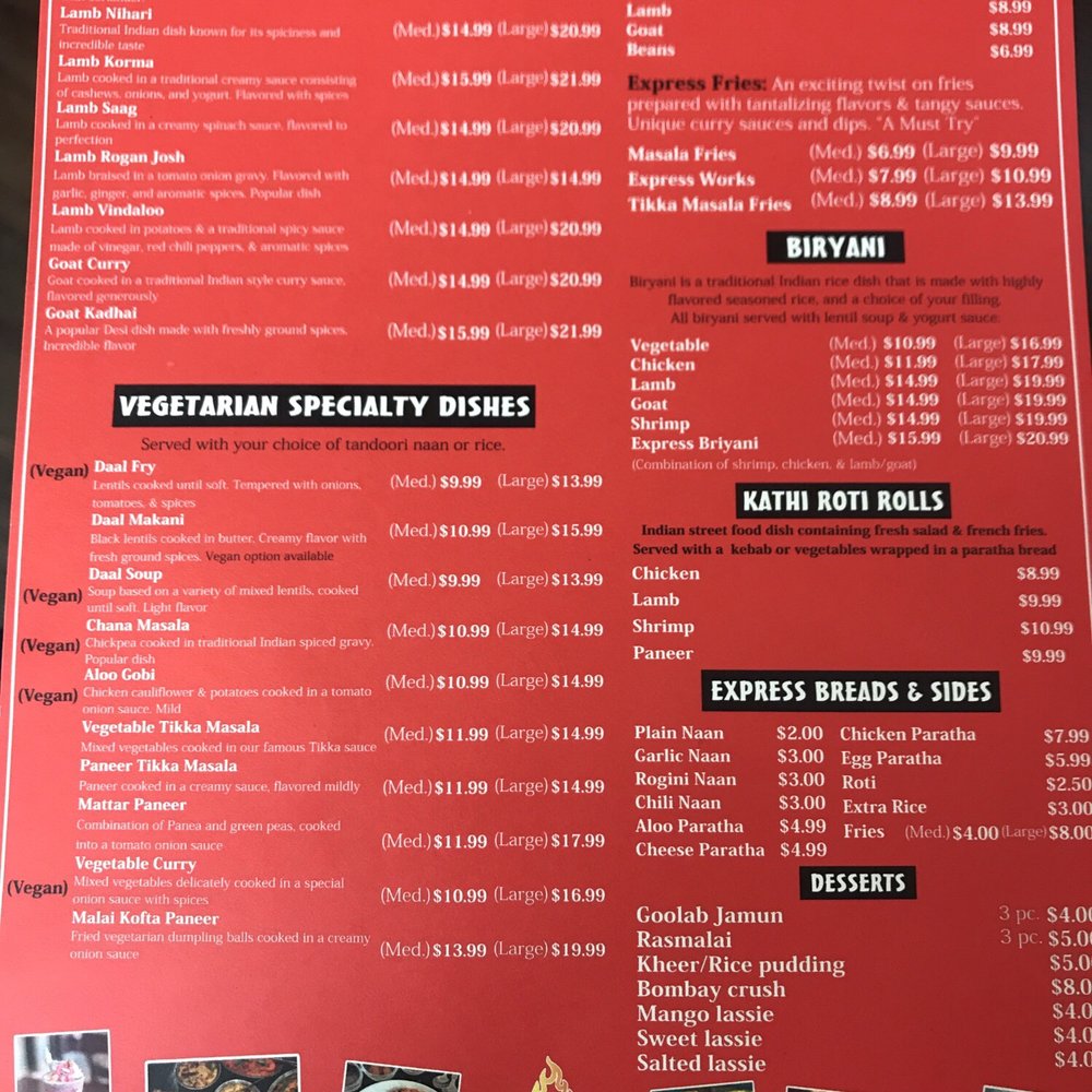 Tikka Express - Menu but they also have a buffet for $9.95 from 11:30 to 5pm - Indian Near Me - Gainesville, Florida Tikka Express - Menu but they also have a buffet for $9.95 from 11:30 to 5pm - Indian Near Me - Gainesville, Florida