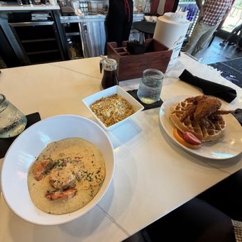 Phyllis - Shrimp and grits with chicken and waffle with a side of Mac and cheese - Breakfast & Brunch Near Me - Marietta, Georgia Phyllis - Shrimp and grits with chicken and waffle with a side of Mac and cheese - Breakfast & Brunch Near Me - Marietta, Georgia