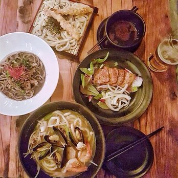 MeNami - Black sesame purée udon, shrimp tempura cold udon, roasted pork belly, seafood Nagasaki udon - Japanese Near Me - Toronto, Ontario