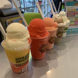 From left to right, Strawberry Miami Vice, Strawberry, Passion Fruit, Sea Salt Caramel, Pina Colada