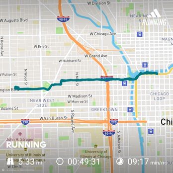 Park 578 - A map displays a running route across Chicago, Illinois, passing landmarks like the University of Illinois at Chicago and various streets and highways. - Parks Near Me - Chicago, Illinois