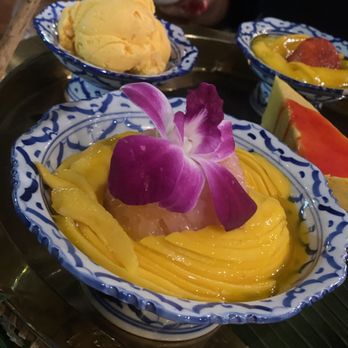 Torsap Thai Kitchen - Mango Sticky Rice (sliced mango with pink rice) - Thai Near Me - Walnut Creek, California Torsap Thai Kitchen - Mango Sticky Rice (sliced mango with pink rice) - Thai Near Me - Walnut Creek, California