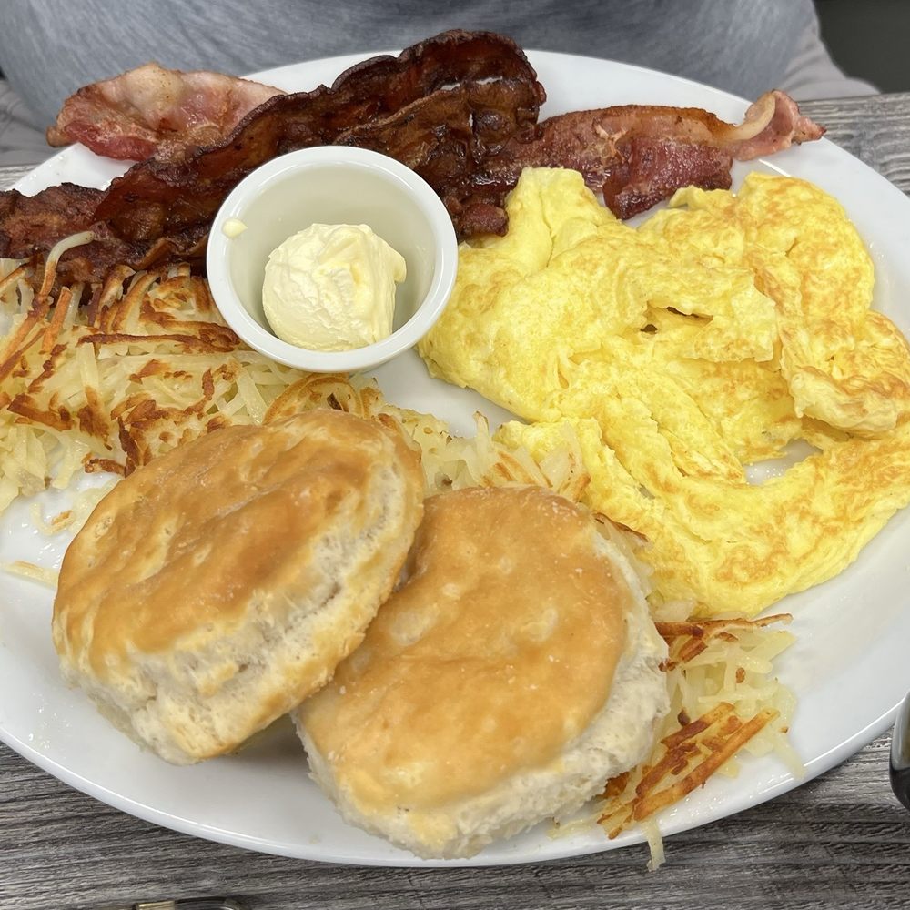 Original Breakfast w/eggs, bacon, hash browns and 2 biscuits.