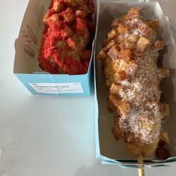 Boba Haus Milktea - Korean corn dogs, hot Cheeto mozzarella and potato crisp beef dog.