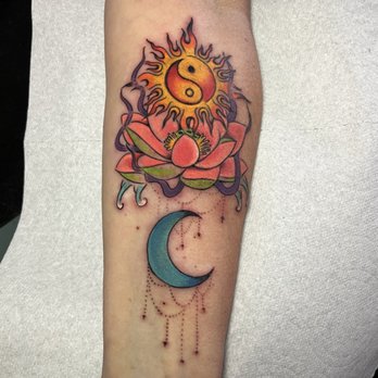 Old Towne Tattoo Parlor - Sum, moon and lotus flower - Tattoo Near Me - Orange, California Old Towne Tattoo Parlor - Sum, moon and lotus flower - Tattoo Near Me - Orange, California
