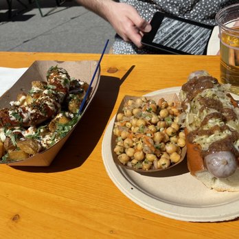 Wursthall - Currywurst (L), Bier Bratwurst with the Chickpea & Carrot Salad, and a cider. Everything was 10/10 amazing! - German Near Me - San Mateo, California Wursthall - Currywurst (L), Bier Bratwurst with the Chickpea & Carrot Salad, and a cider. Everything was 10/10 amazing! - German Near Me - San Mateo, California