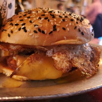 Hop + Grind - Morning Glory burger (side view) - Burgers Near Me - Durham, New Hampshire
