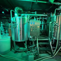 Medina Brewing Company - Kettles under cool light.